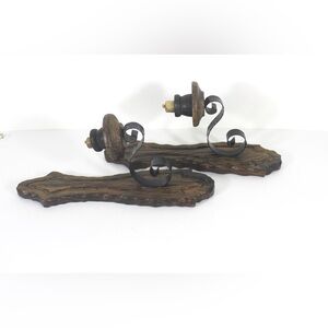 Vintage Pair of Wall Sconce Candle Holders, Wood, Metal Brutalist Gothic Spanish